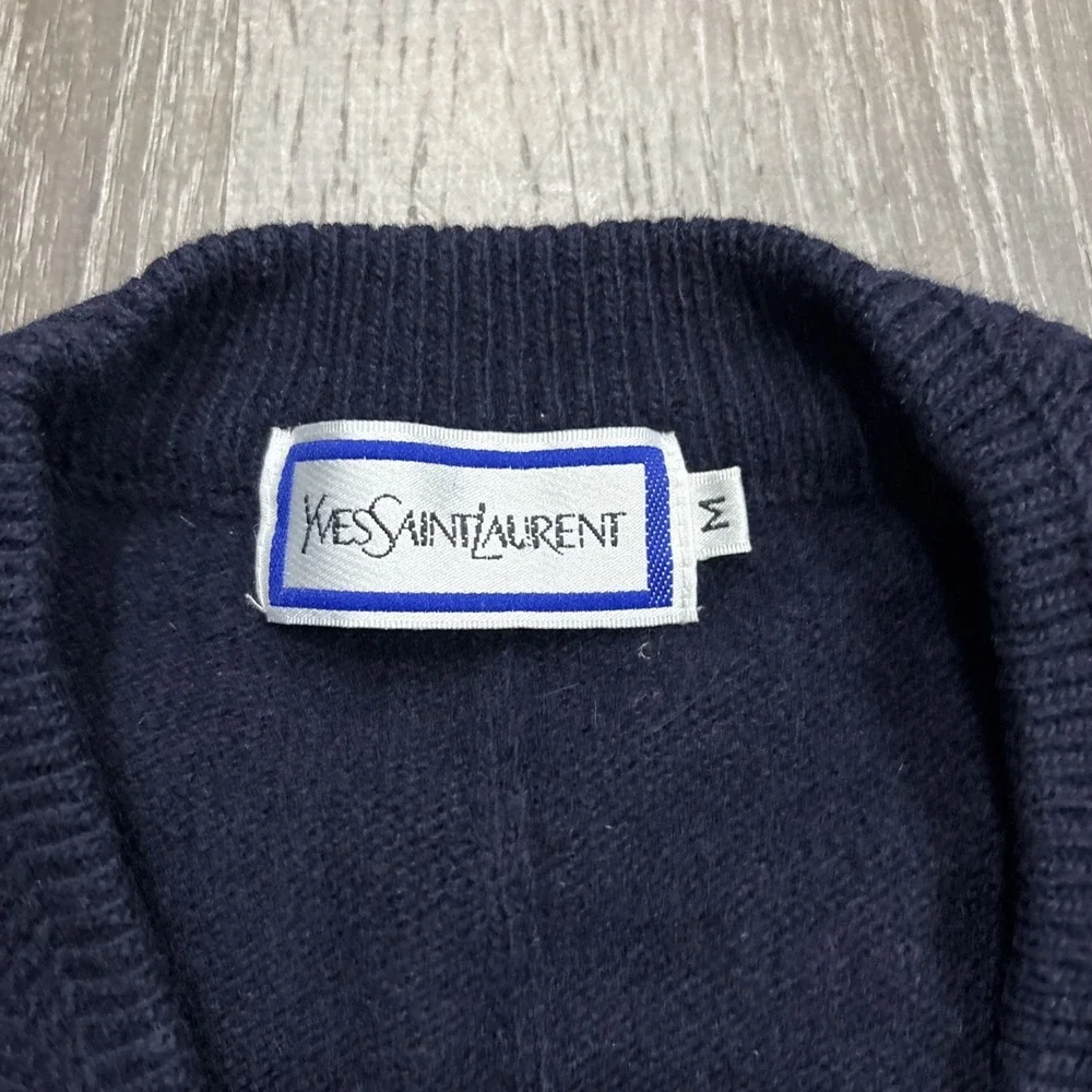 VTG YSL Yves Saint Laurent 80s LambsWool Sweater M Navy Cricket Knit Pullover